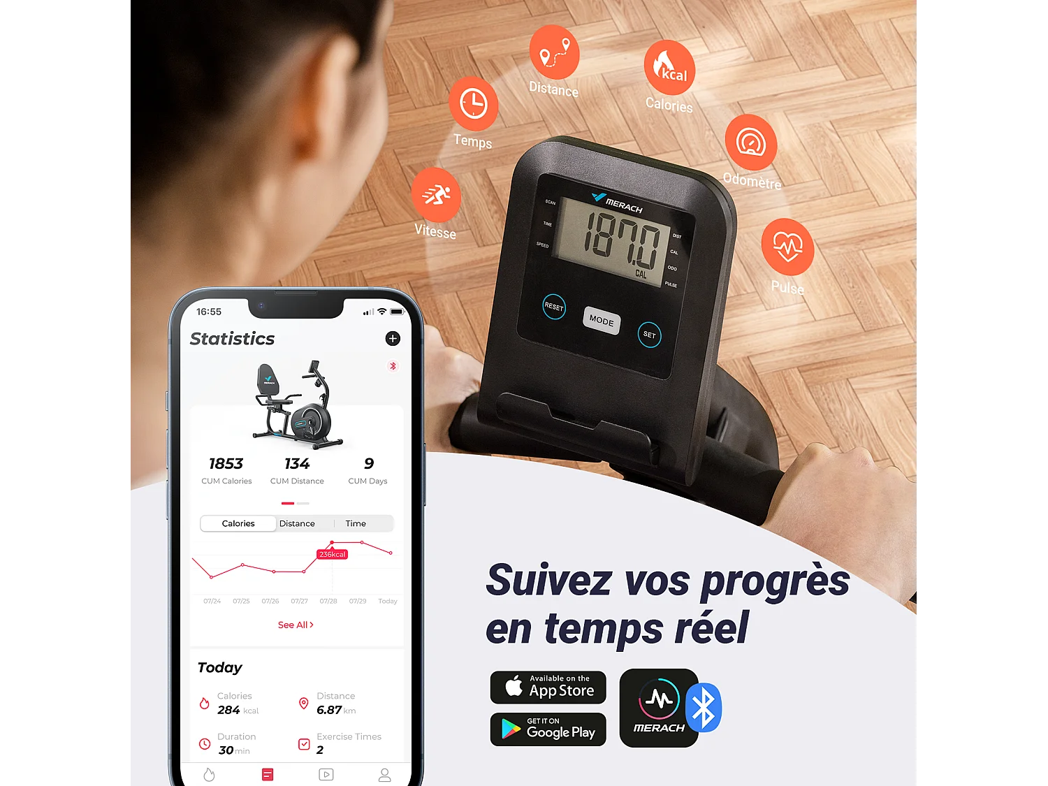 Vélo D'appartement Semi-allongé Magnétique - Merach, 8 Niveaux De Résistance, Écran LCD, Poignées De Fréquence Cardiaque