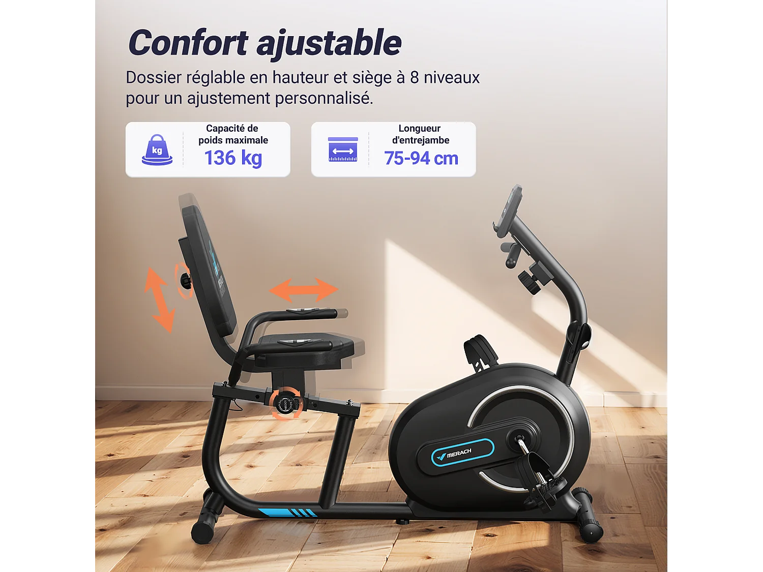 Vélo D'appartement Semi-allongé Magnétique - Merach, 8 Niveaux De Résistance, Écran LCD, Poignées De Fréquence Cardiaque