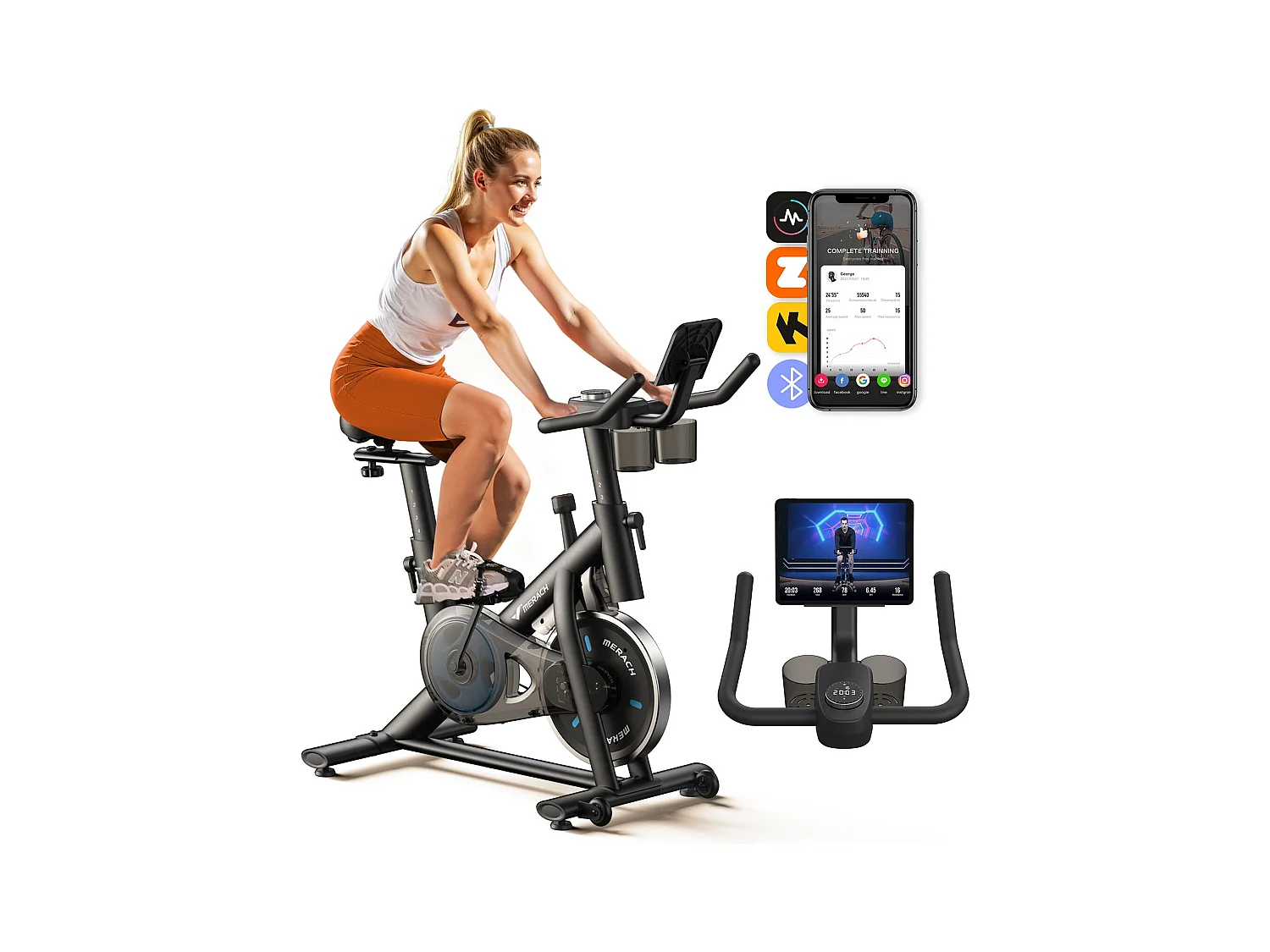 Cyclette da appartamento, Biking, MERACH, 16 livelli di resistenza meccanica, connettività APP, schermo LED