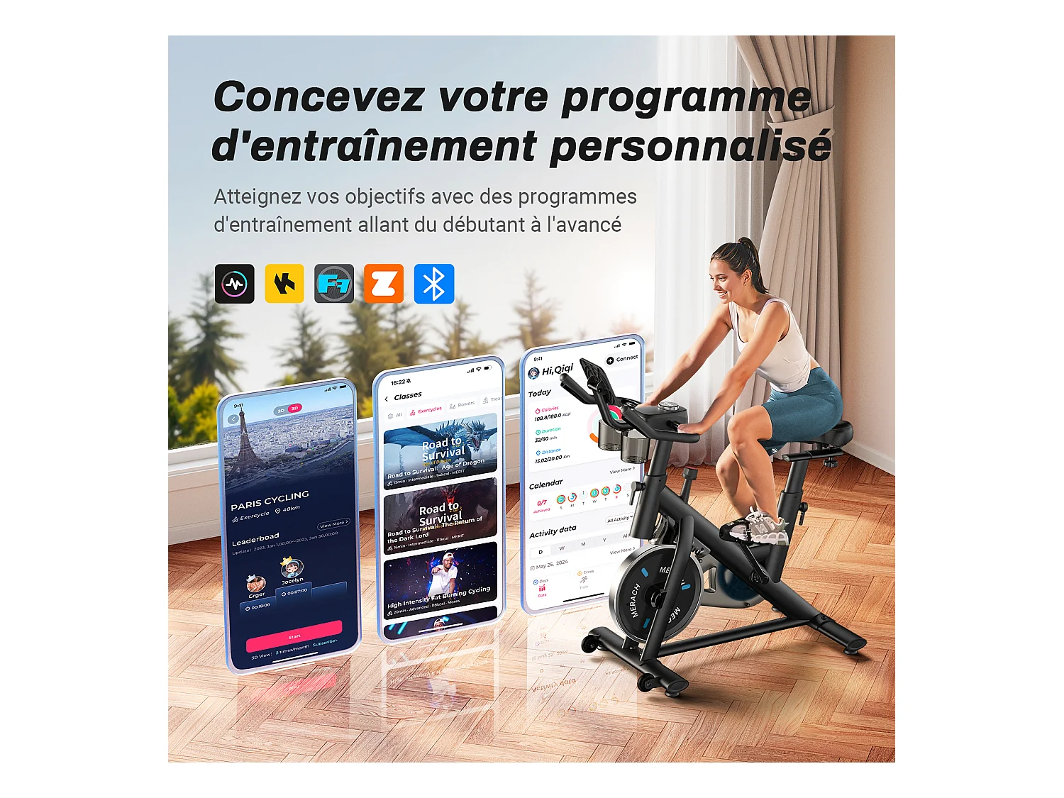 Cyclette da appartamento, Biking, MERACH, 16 livelli di resistenza meccanica, connettività APP, schermo LED