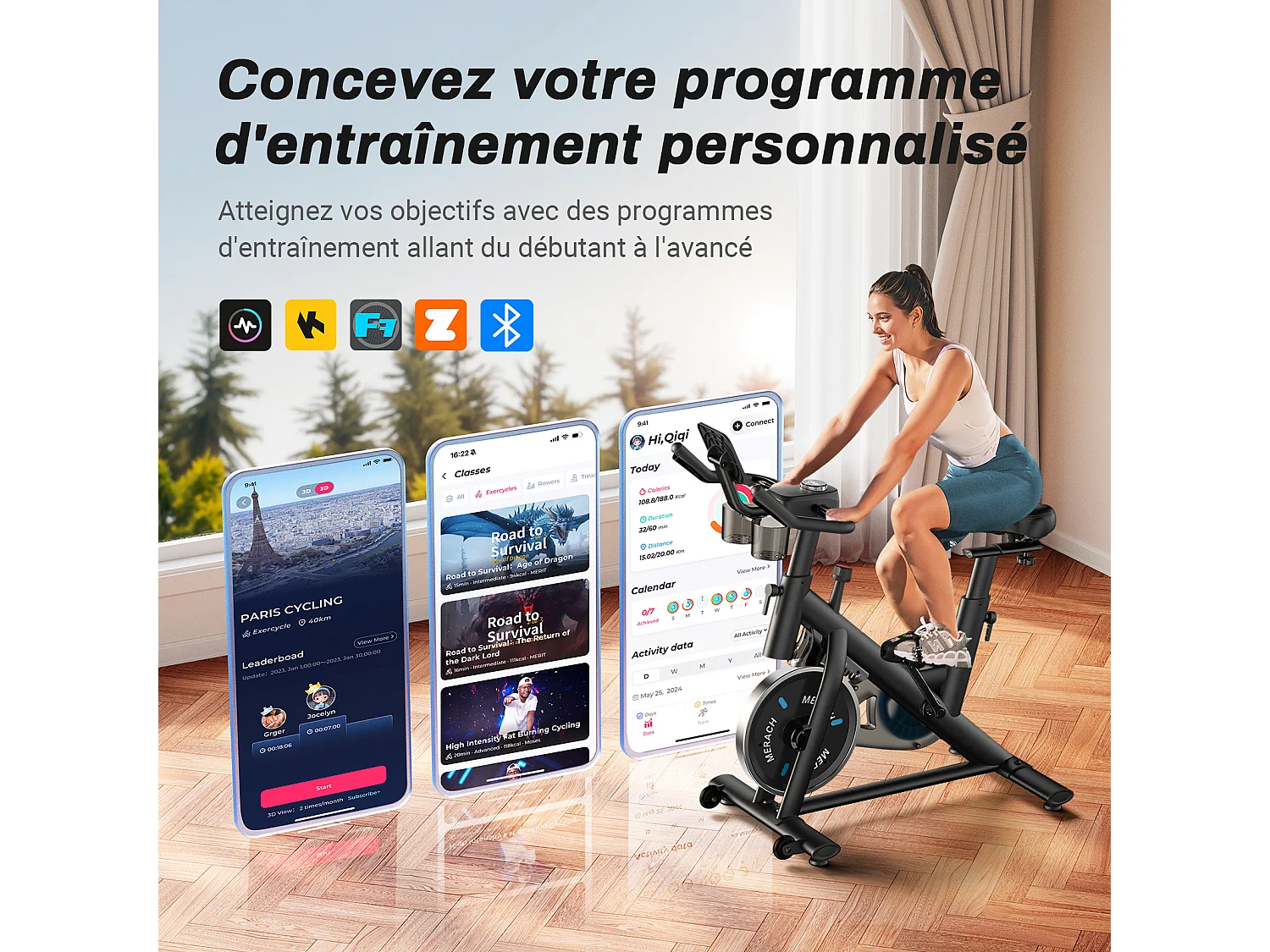 MERACH Vélo d’Appartement Biking, Roue d’inertie 6 kg, résistance mécanique fluide à molette, écran LED, appli connectée, charge 136 kg
