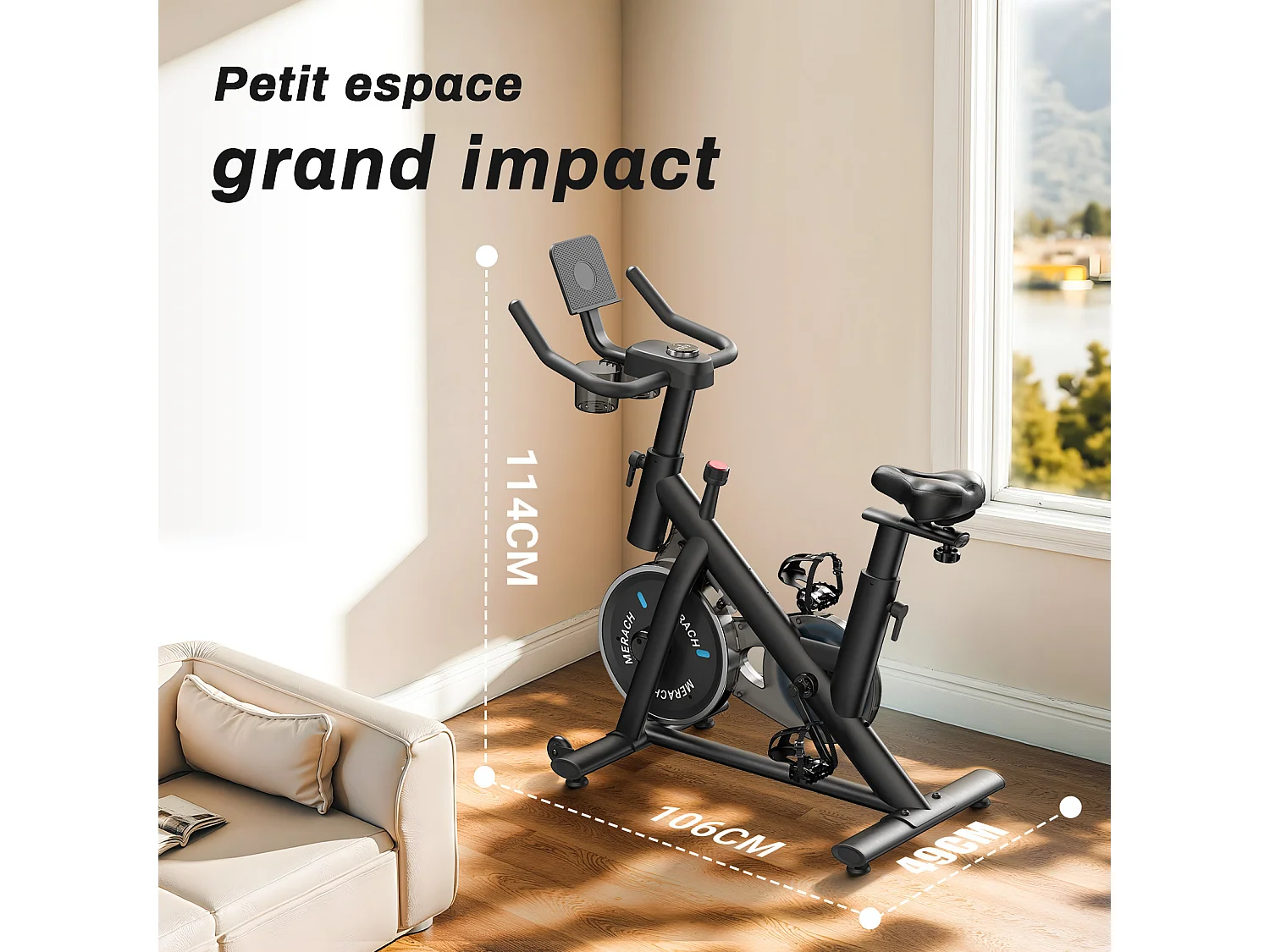 MERACH Vélo d’Appartement Biking, Roue d’inertie 6 kg, résistance mécanique fluide à molette, écran LED, appli connectée, charge 136 kg
