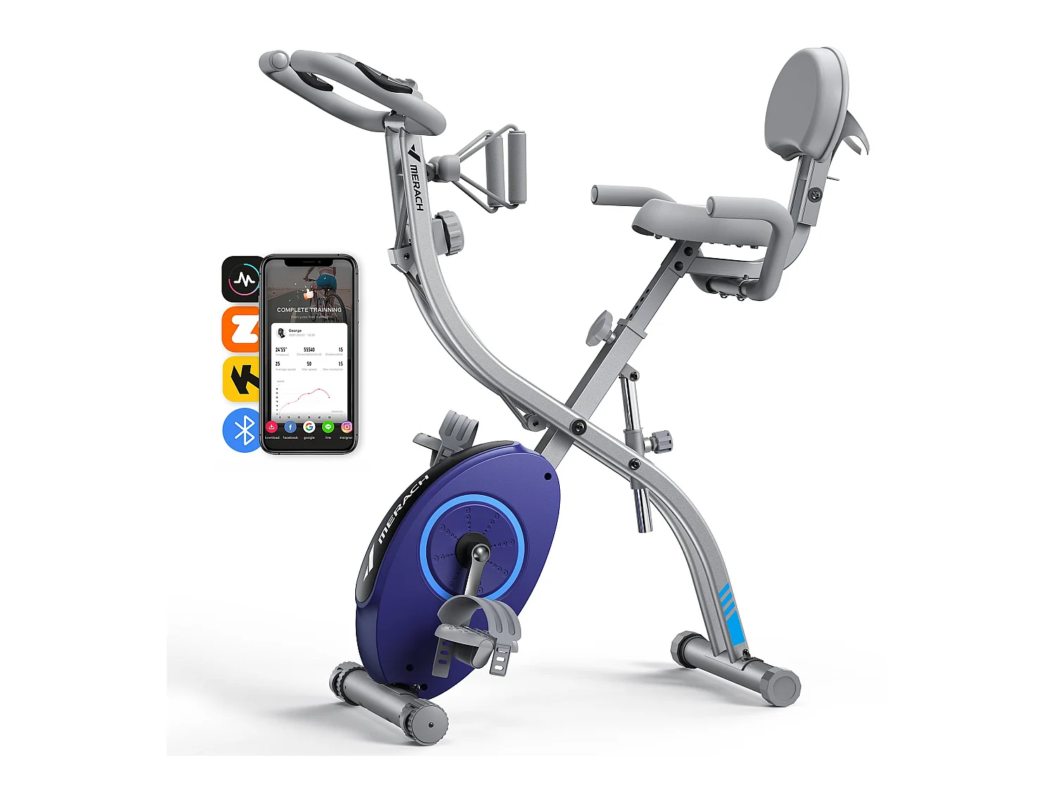 Vélo D'appartement 4 En 1 Pliable - Merach, 16 Niveaux De Résistance Magnétique, Compatible Kinomap & Zwift, Charge Max 136 kg