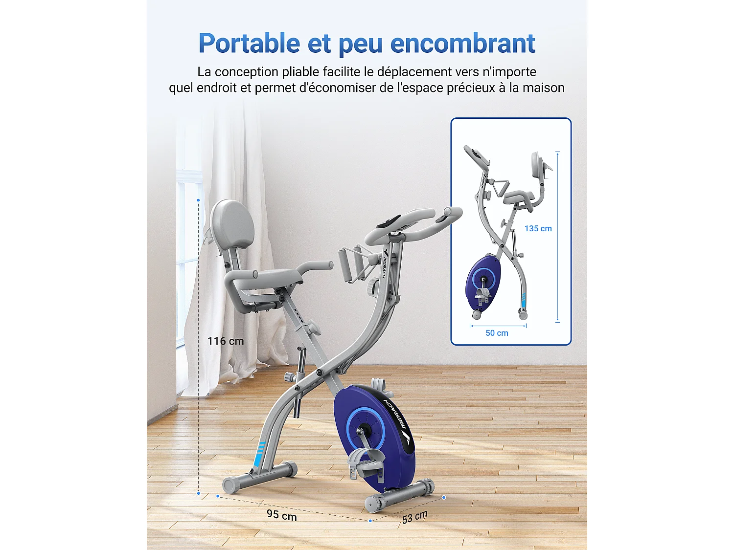 Vélo D'appartement 4 En 1 Pliable - Merach, 16 Niveaux De Résistance Magnétique, Compatible Kinomap & Zwift, Charge Max 136 kg