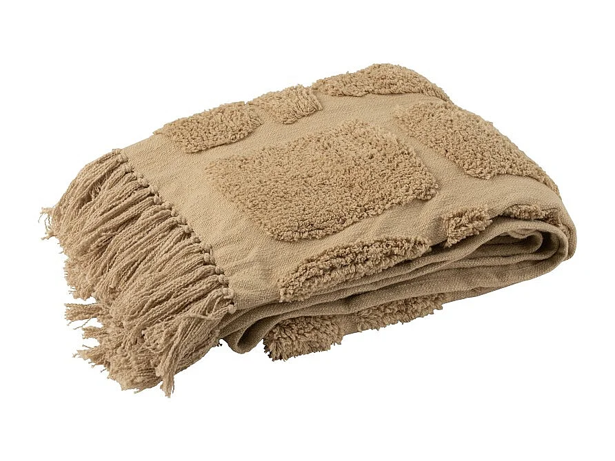 Manta con estampados y flecos en textil beige 192x123x1 cm