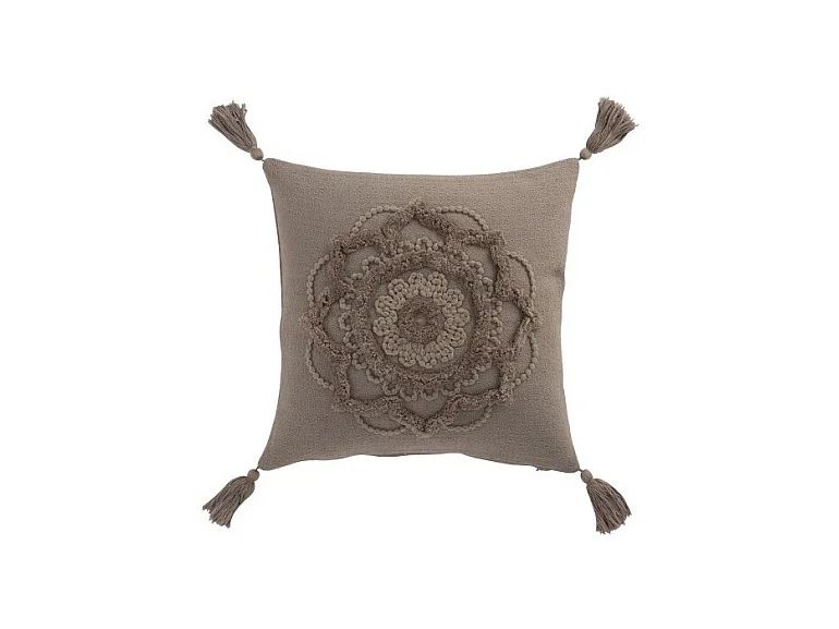 Cojín flor + borlas algodón topo 44x44 cm