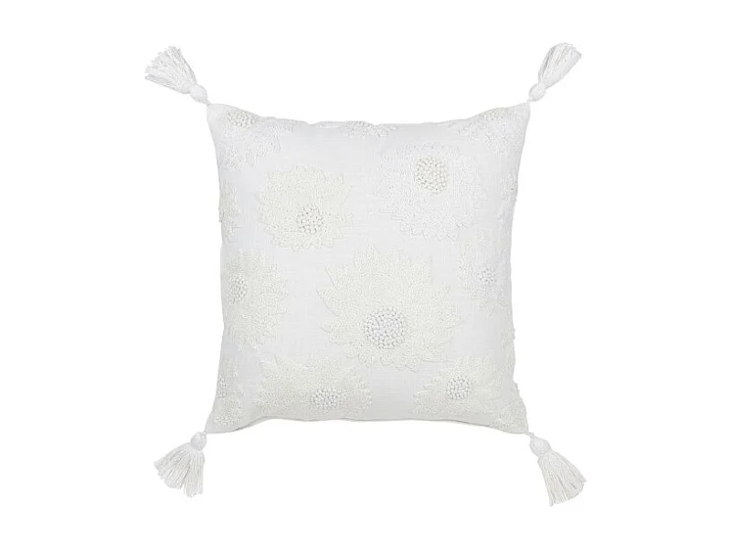 Cojín flores+borlas en algodón blanco 45x45x15 cm