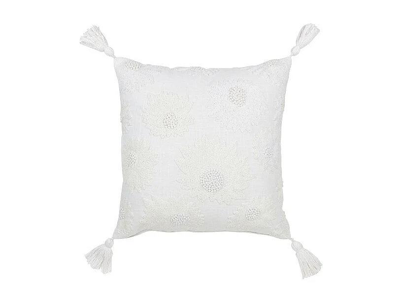 Cojín flores+borlas en algodón blanco 45x45x15 cm