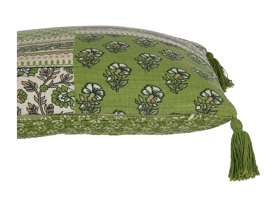 Cojín flores+borlas en algodón verde 45x45x12 cm