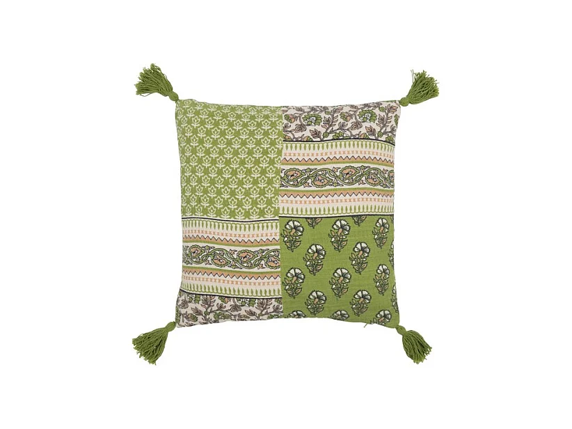 Cojín flores+borlas en algodón verde 45x45x12 cm