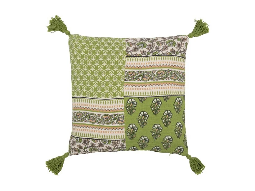 Cojín flores+borlas en algodón verde 45x45x12 cm