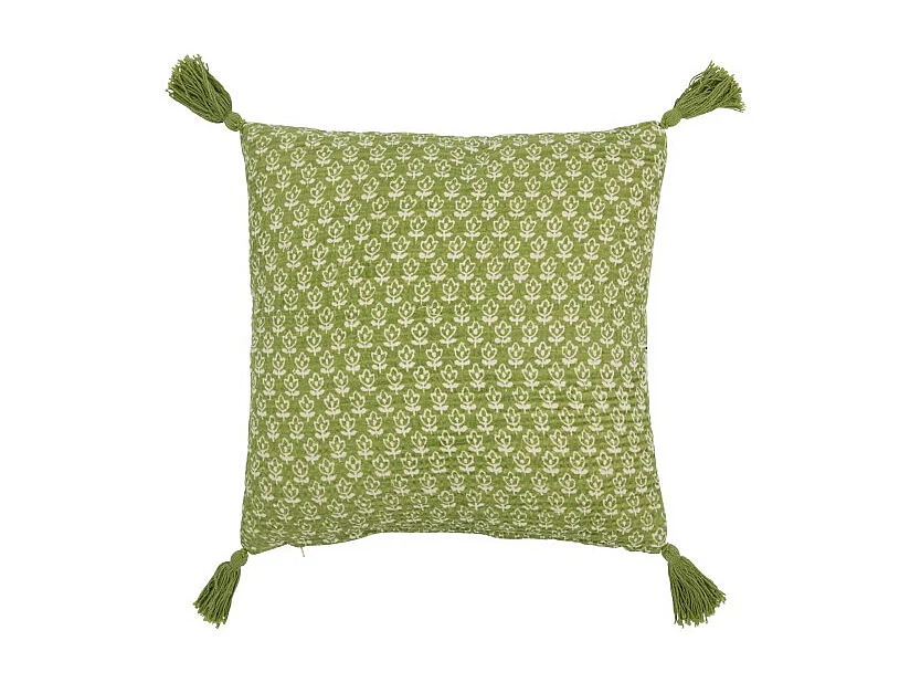 Cojín flores+borlas en algodón verde 45x45x12 cm