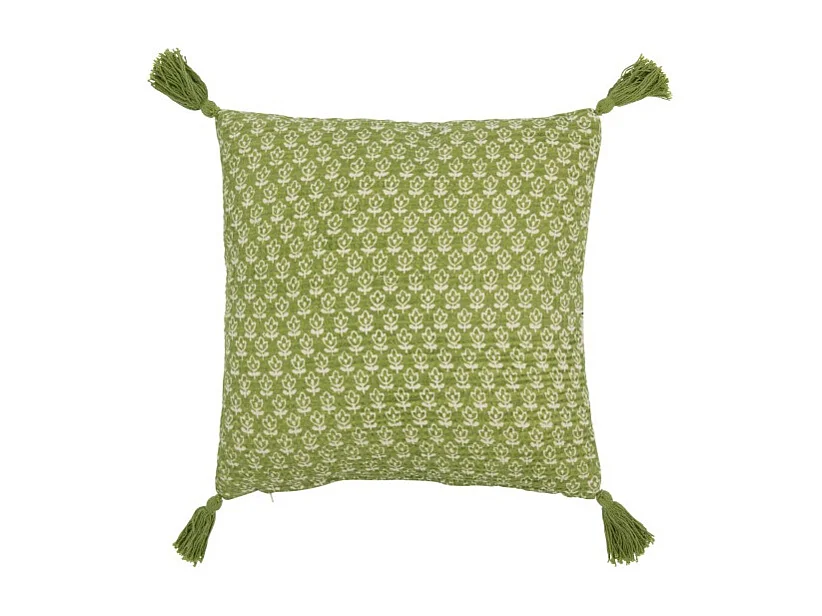 Cojín flores+borlas en algodón verde 45x45x12 cm