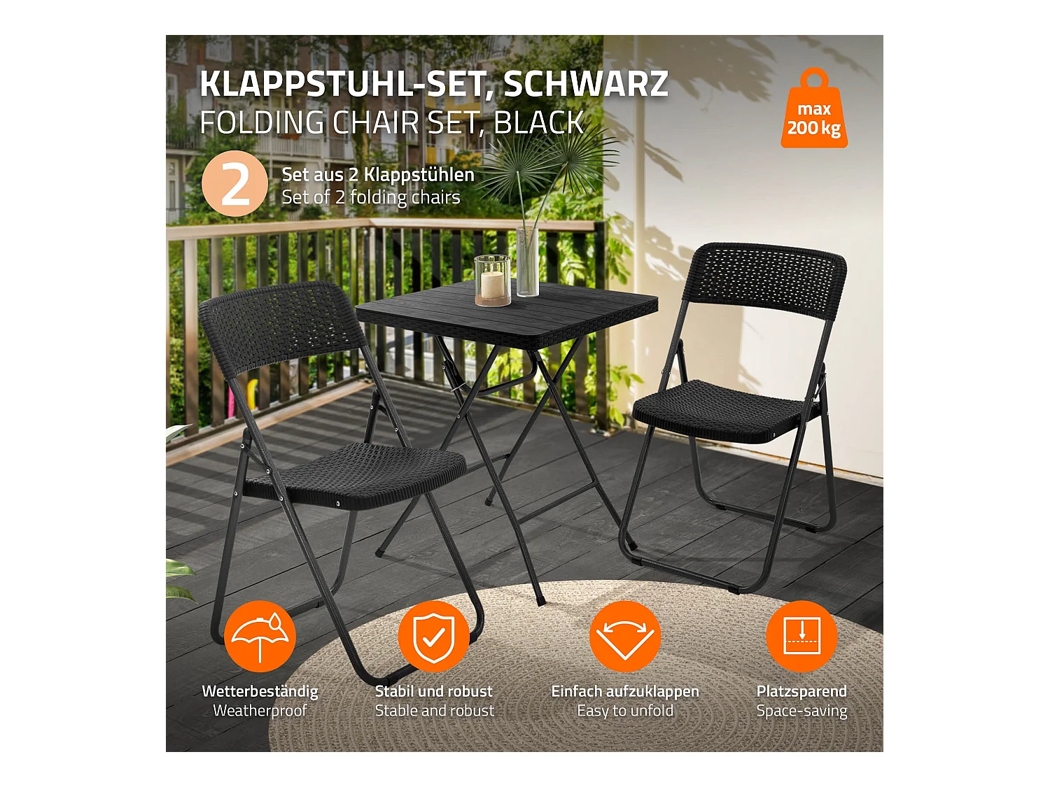 Lot de 2 chaises de terrasse pliantes assise et dossier noir aspect rotin avec cadre métallique gris foncé aspect martelé supporte jusqu'à 200 kg