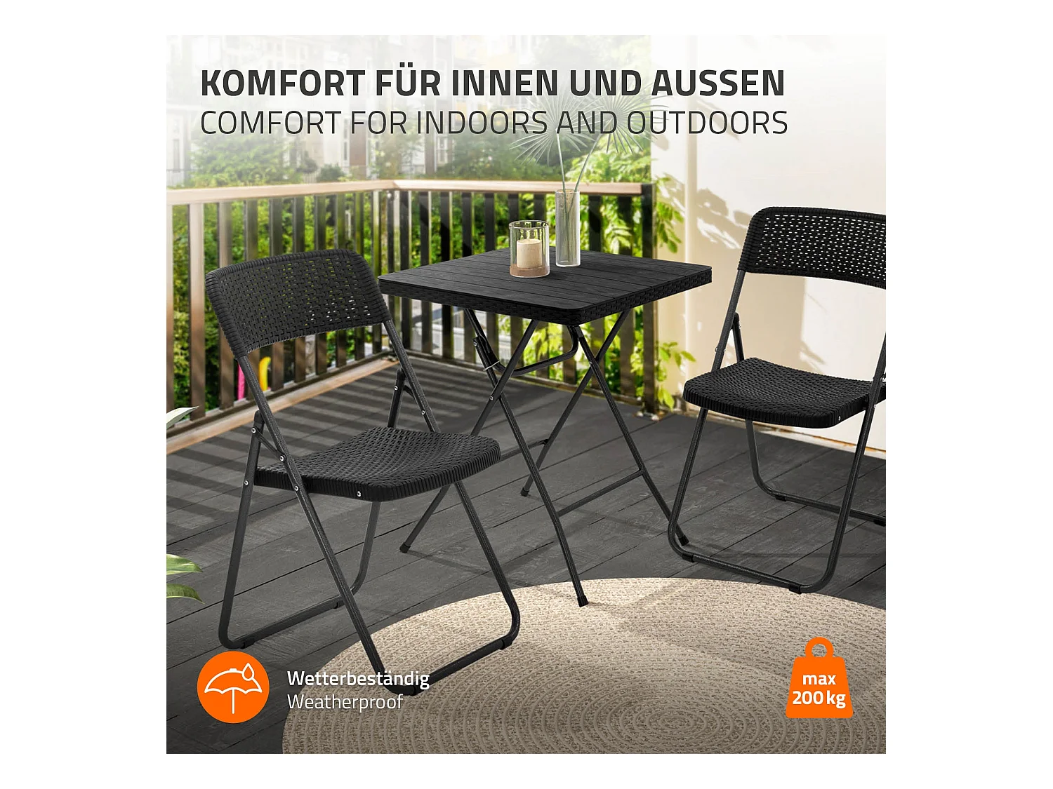 Lot de 2 chaises de terrasse pliantes assise et dossier noir aspect rotin avec cadre métallique gris foncé aspect martelé supporte jusqu'à 200 kg