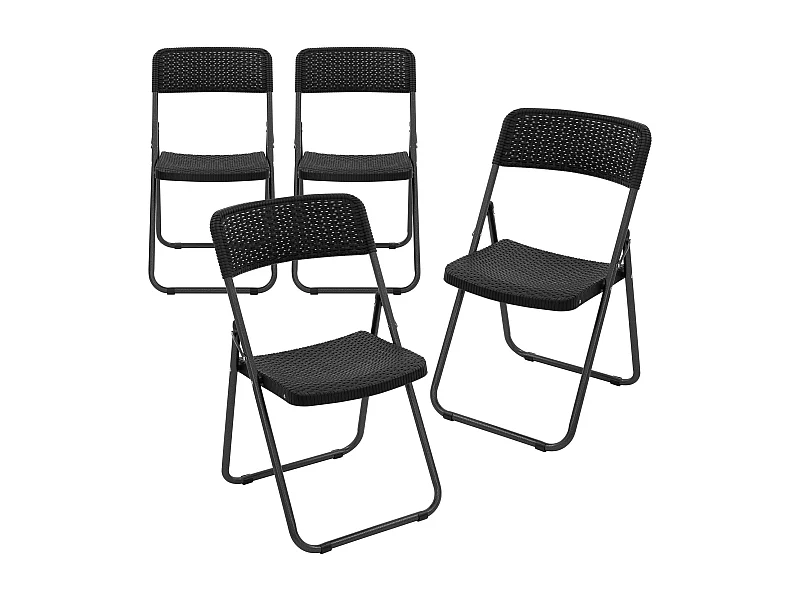 ECD Germany Set 4 sedie pieghevoli da giardino con struttura acciaio, seduta plastica effetto rattan nero, resistenti, salvaspazio, portata 200 kg