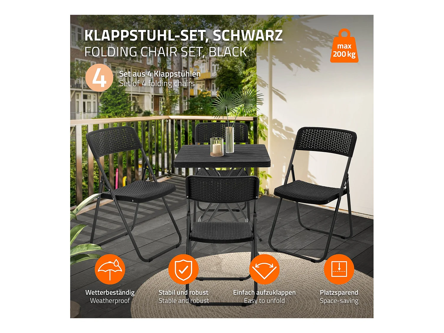 Lot de 4 chaises de terrasse pliantes assise et dossier noir aspect rotin avec cadre métallique gris foncé aspect martelé supporte jusqu'à 200 kg