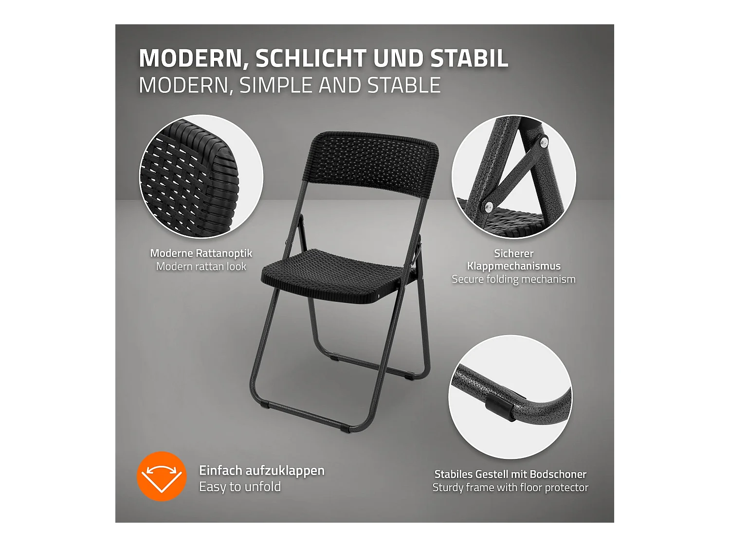 Lot de 4 chaises de terrasse pliantes assise et dossier noir aspect rotin avec cadre métallique gris foncé aspect martelé supporte jusqu'à 200 kg