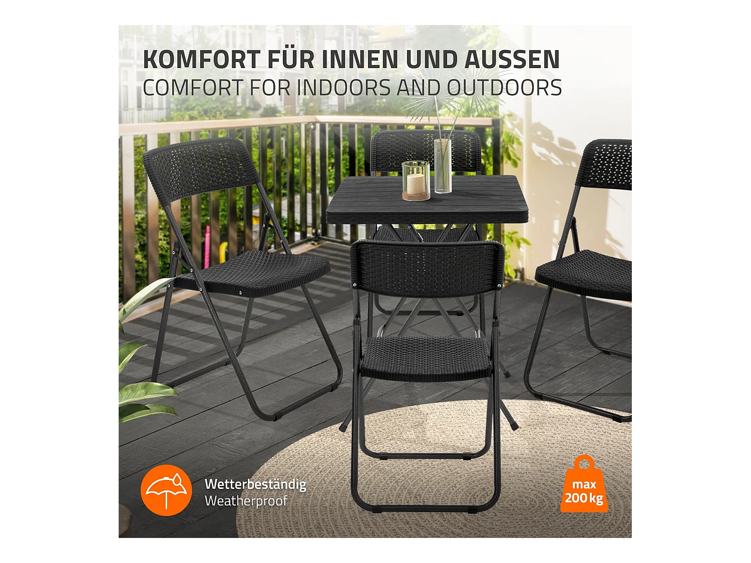 Lot de 4 chaises de terrasse pliantes assise et dossier noir aspect rotin avec cadre métallique gris foncé aspect martelé supporte jusqu'à 200 kg
