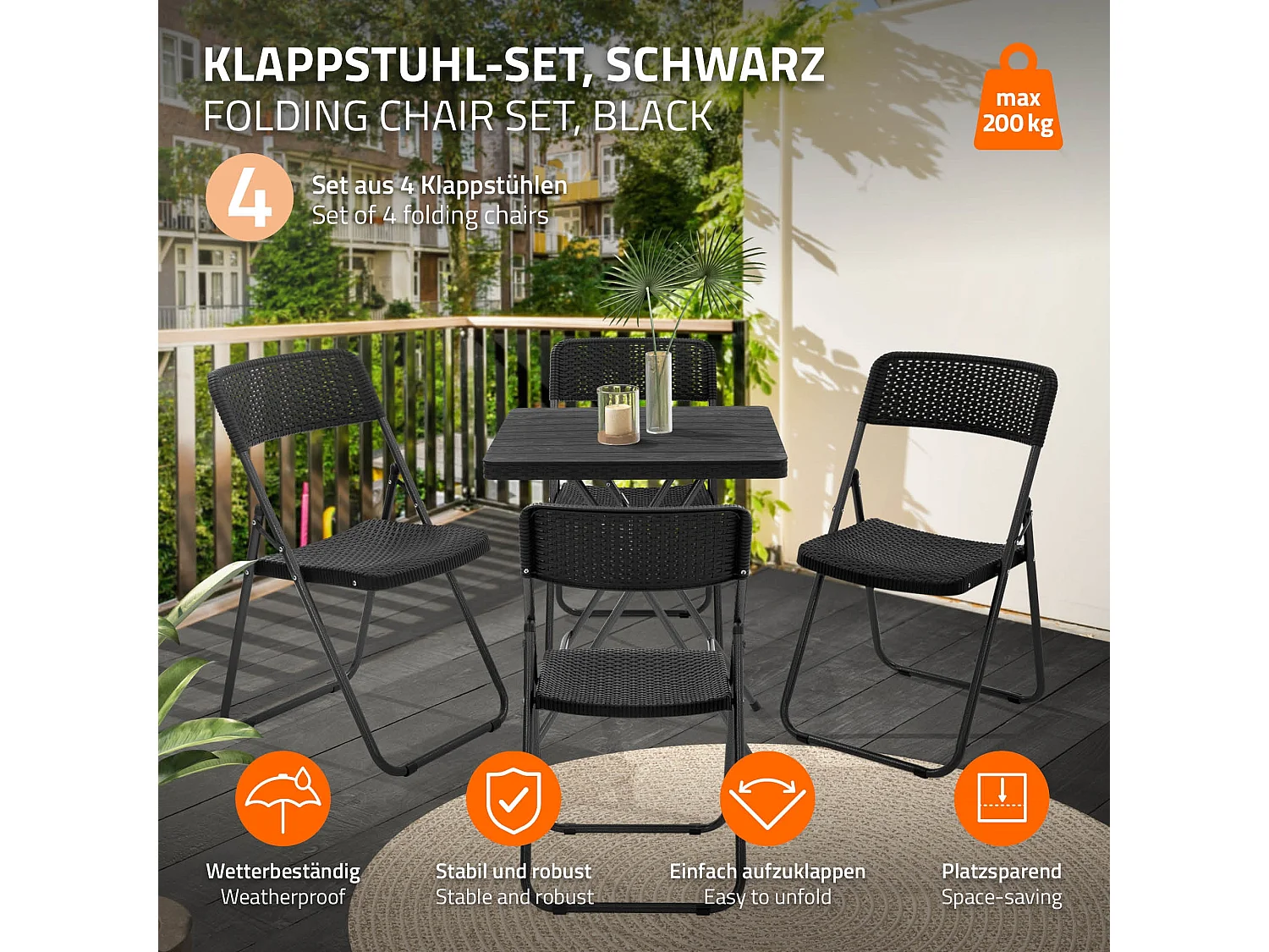 ECD Germany Set 4 sedie pieghevoli da giardino con struttura acciaio, seduta plastica effetto rattan nero, resistenti, salvaspazio, portata 200 kg