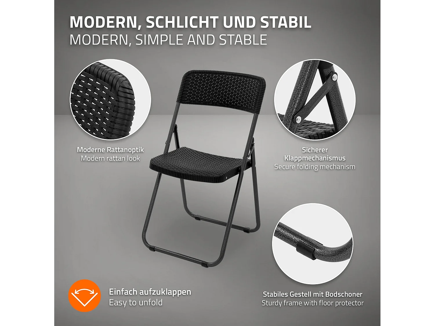 ECD Germany Set 4 sedie pieghevoli da giardino con struttura acciaio, seduta plastica effetto rattan nero, resistenti, salvaspazio, portata 200 kg