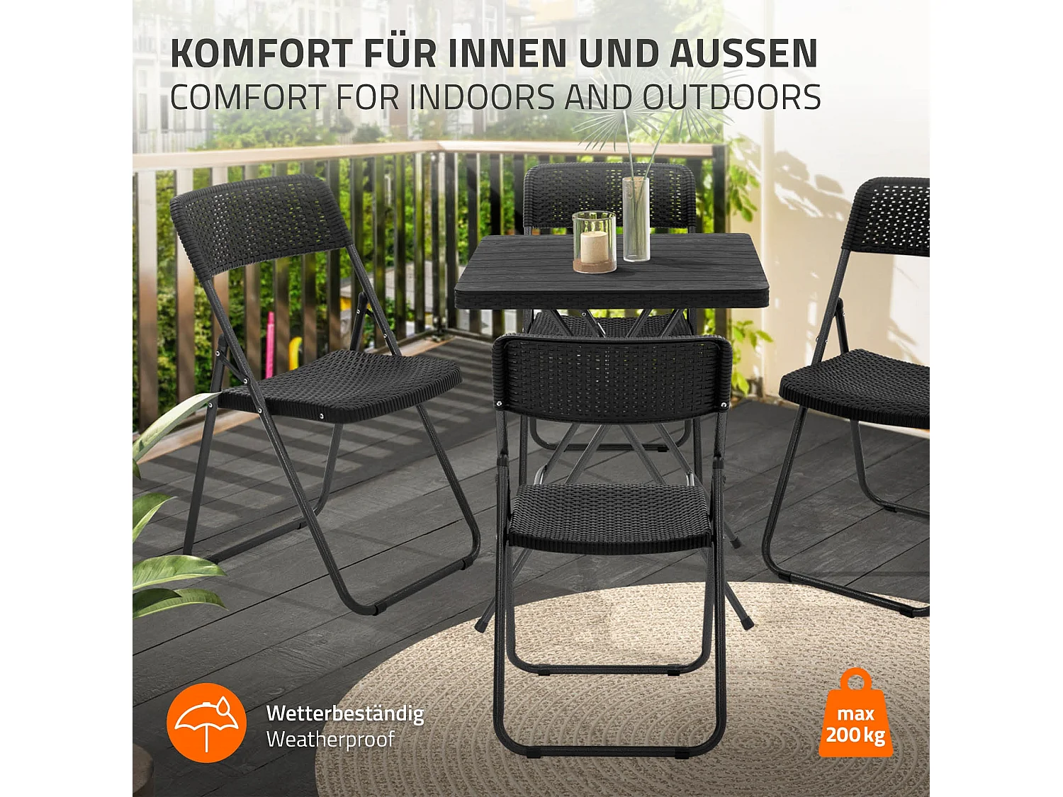 ECD Germany Set 4 sedie pieghevoli da giardino con struttura acciaio, seduta plastica effetto rattan nero, resistenti, salvaspazio, portata 200 kg