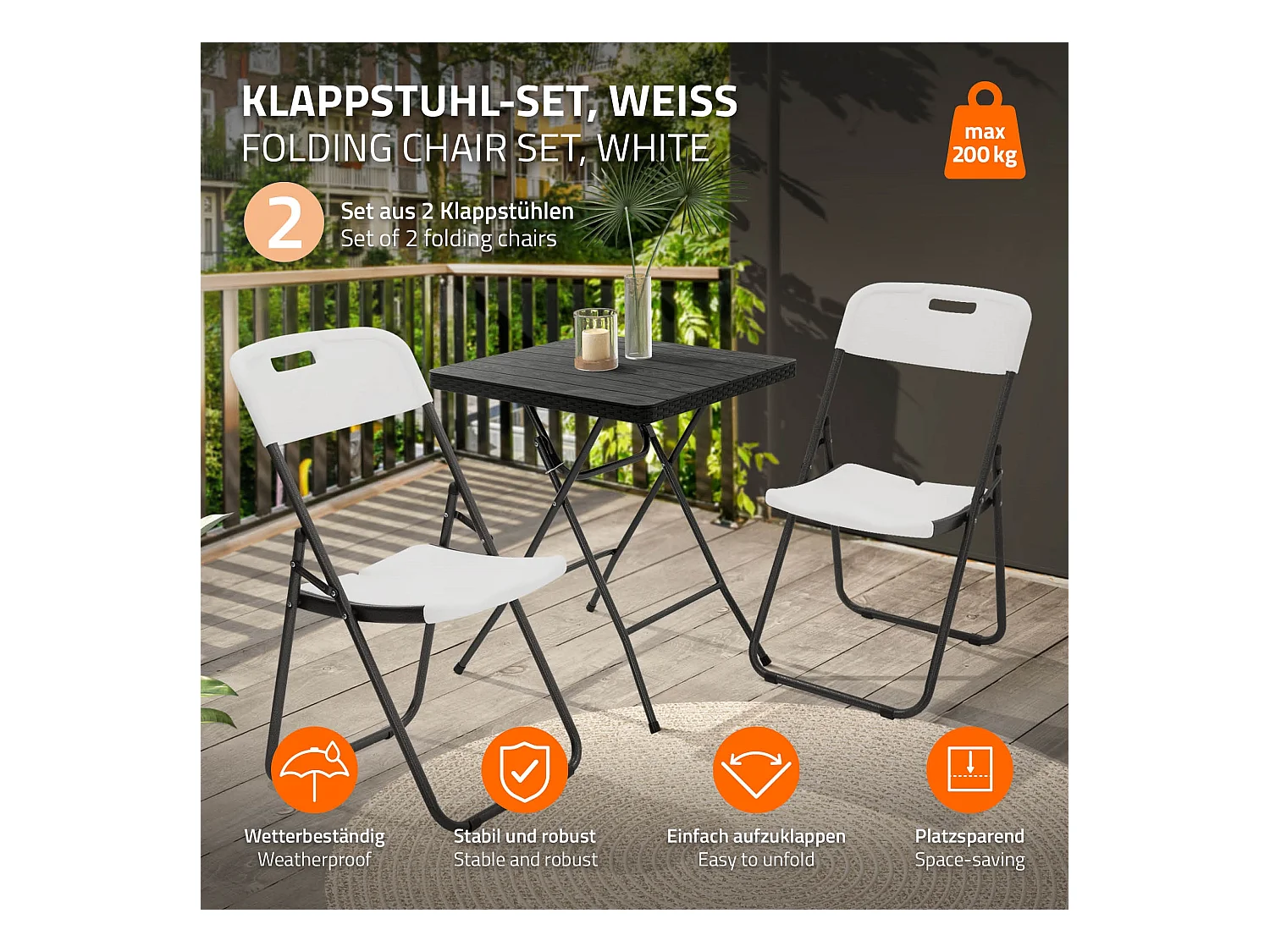 ECD Germany Set 2 sedie pieghevoli bianco opaco con telaio in metallo salvaspazio fino a 200 kg resistenti a uv e intemperie per giardino o balcone