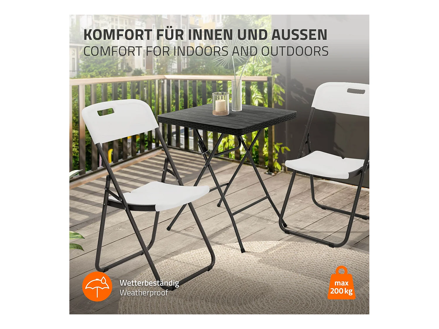 ECD Germany Set 2 sedie pieghevoli bianco opaco con telaio in metallo salvaspazio fino a 200 kg resistenti a uv e intemperie per giardino o balcone