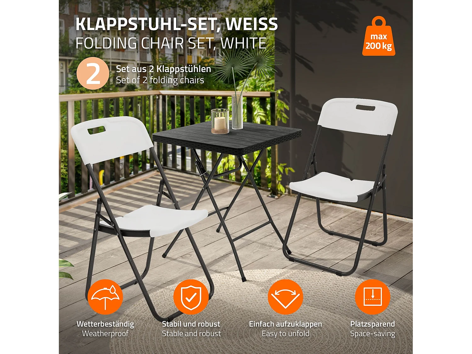 ECD Germany Set 2 sedie pieghevoli bianco opaco con telaio in metallo salvaspazio fino a 200 kg resistenti a uv e intemperie per giardino o balcone