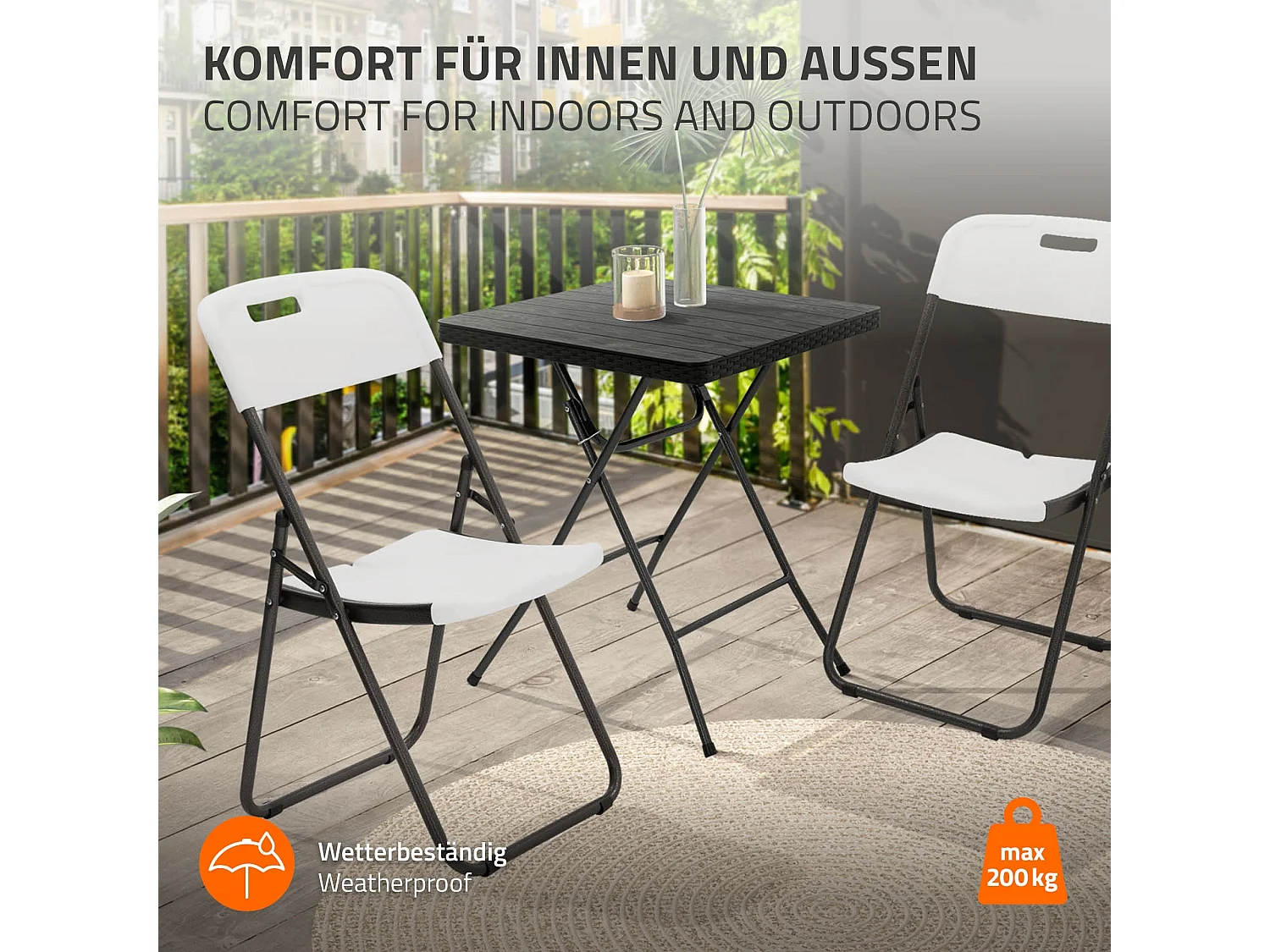 ECD Germany Set 2 sedie pieghevoli bianco opaco con telaio in metallo salvaspazio fino a 200 kg resistenti a uv e intemperie per giardino o balcone