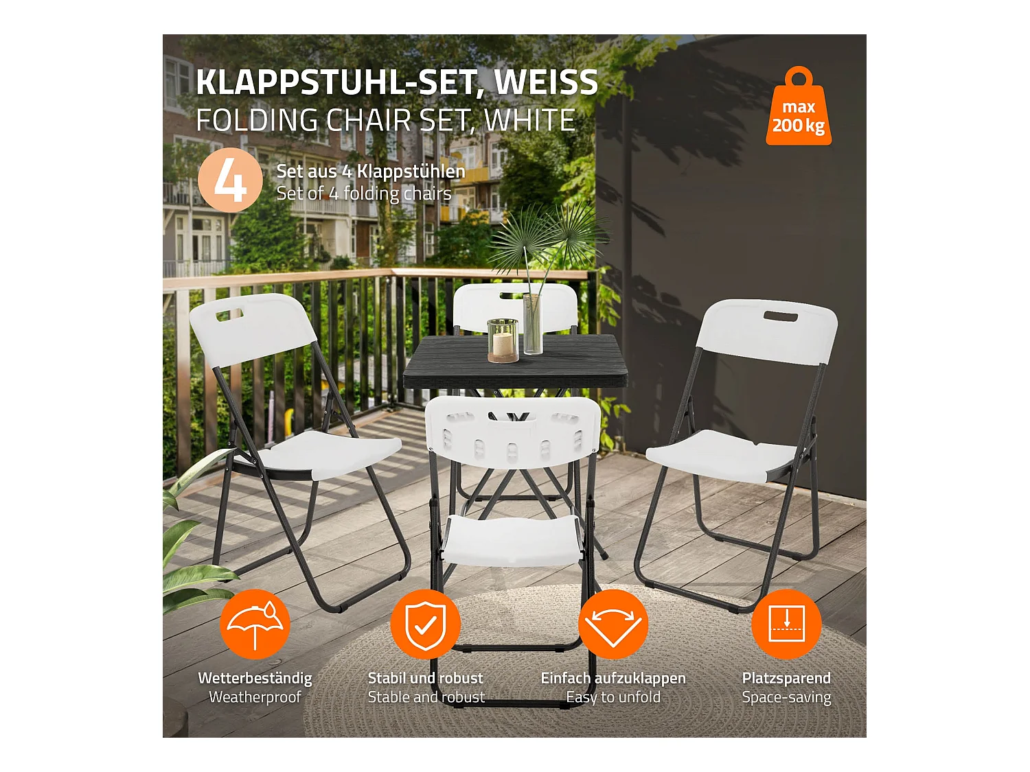 ECD Germany Set 4 sedie pieghevoli bianco opaco con telaio in metallo salvaspazio fino a 200 kg resistenti a uv e intemperie per giardino o balcone