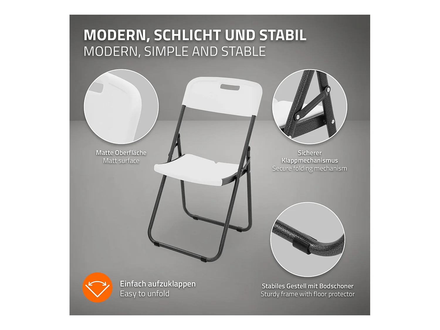 ECD Germany Set 4 sedie pieghevoli bianco opaco con telaio in metallo salvaspazio fino a 200 kg resistenti a uv e intemperie per giardino o balcone