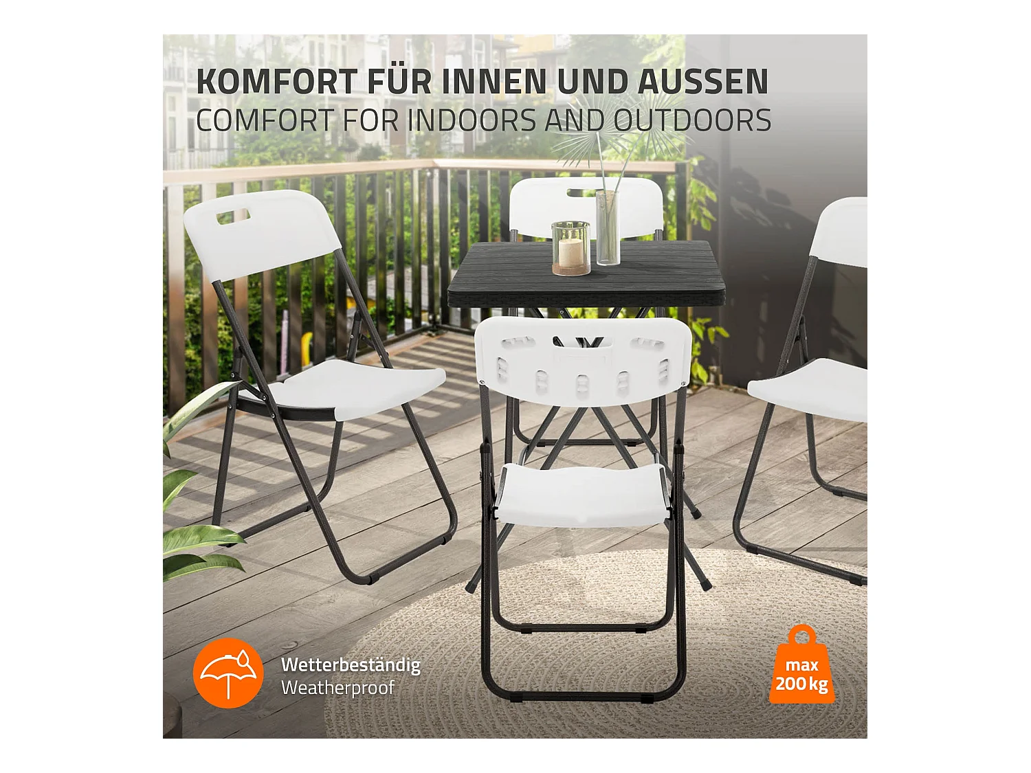 ECD Germany Set 4 sedie pieghevoli bianco opaco con telaio in metallo salvaspazio fino a 200 kg resistenti a uv e intemperie per giardino o balcone