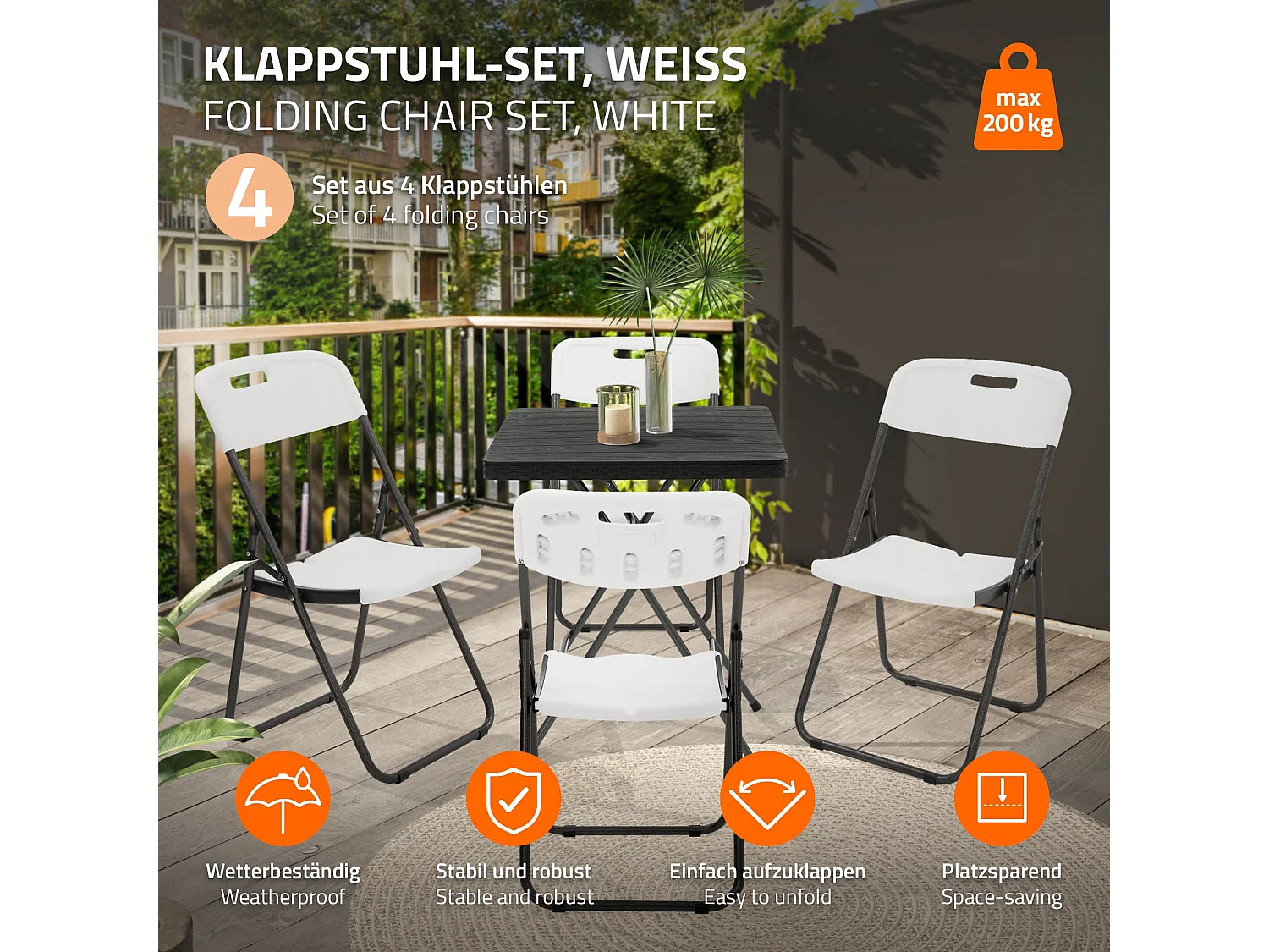 ECD Germany Set 4 sedie pieghevoli bianco opaco con telaio in metallo salvaspazio fino a 200 kg resistenti a uv e intemperie per giardino o balcone