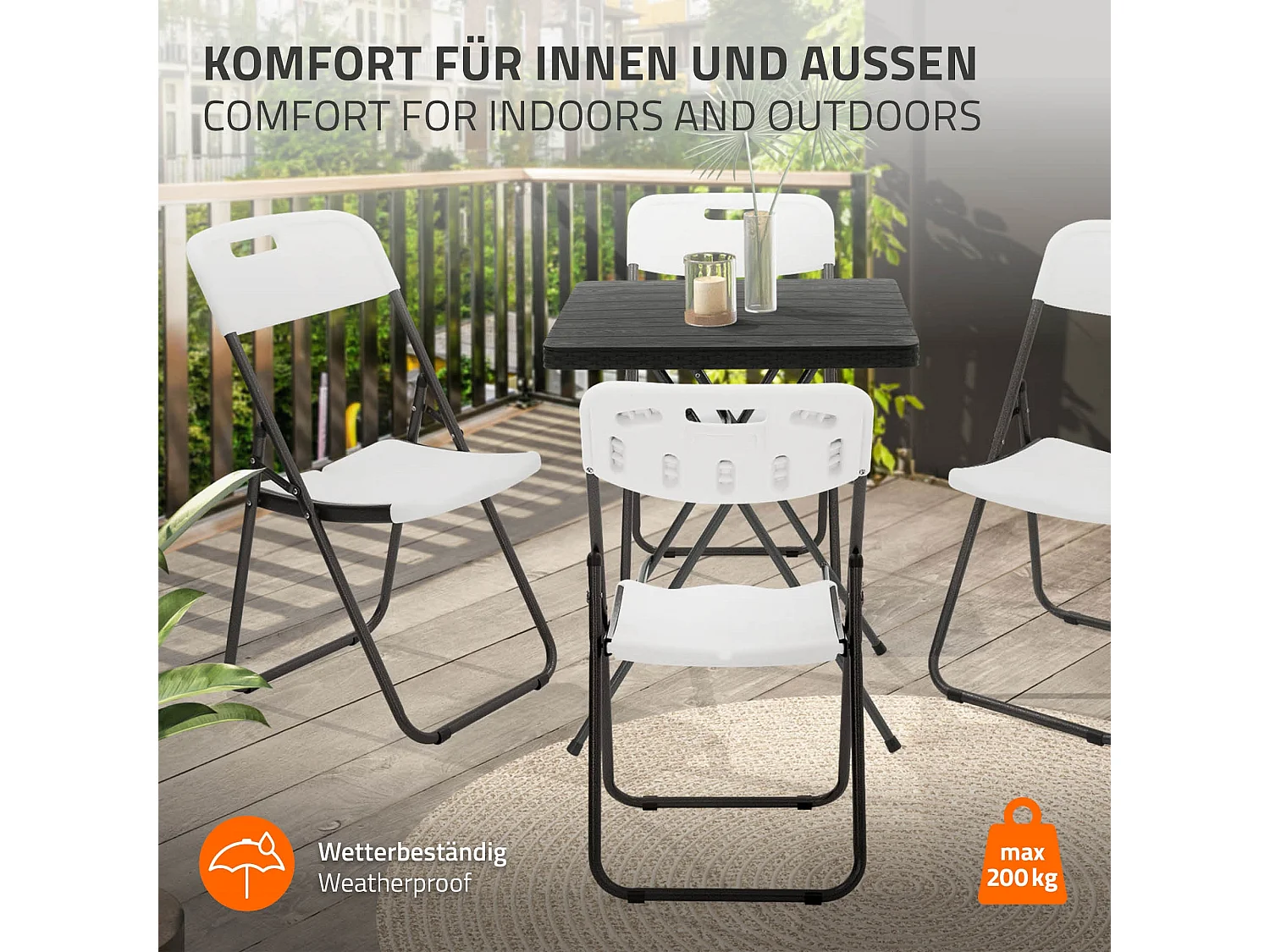 ECD Germany Set 4 sedie pieghevoli bianco opaco con telaio in metallo salvaspazio fino a 200 kg resistenti a uv e intemperie per giardino o balcone