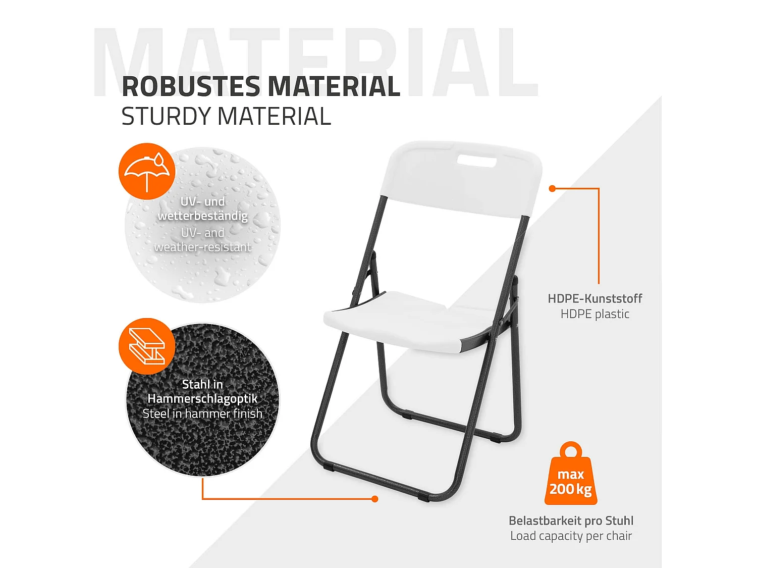 ECD Germany Set 4x sillas plegables para exterior, de metal y aspecto blanco mate, asiento de jardín para camping, terraza o patio, hasta 200kg