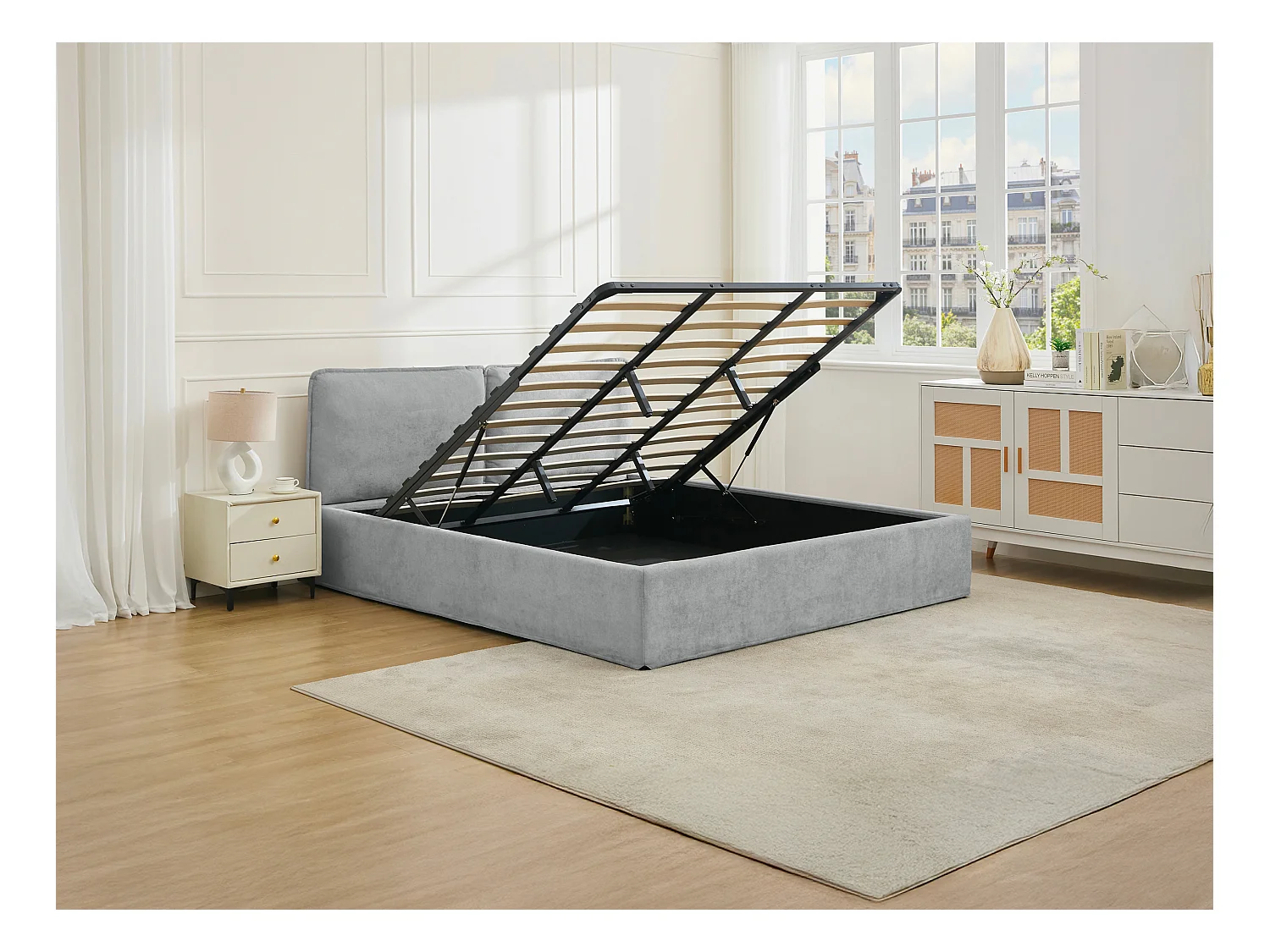 Bett mit Stauraum mit abnehmbarem Bezug – 180 x 200 cm – Stoff – Hellgrau + Matratze – TENESE