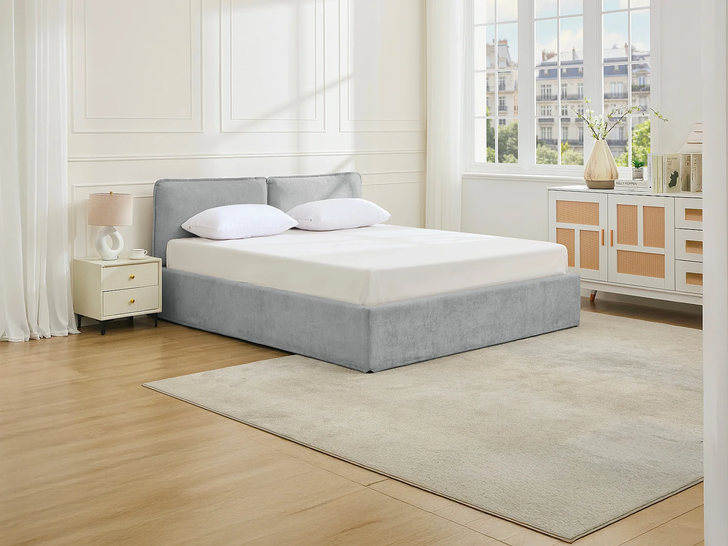 Bett mit Stauraum mit abnehmbarem Bezug – 180 x 200 cm – Stoff – Hellgrau + Matratze – TENESE