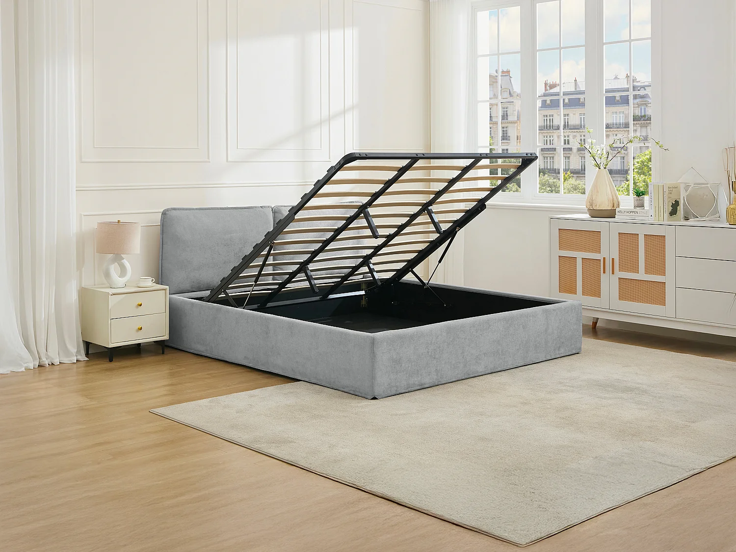 Lit coffre déhoussable 180 x 200 cm - Tissu - Gris clair + Matelas - TENESE