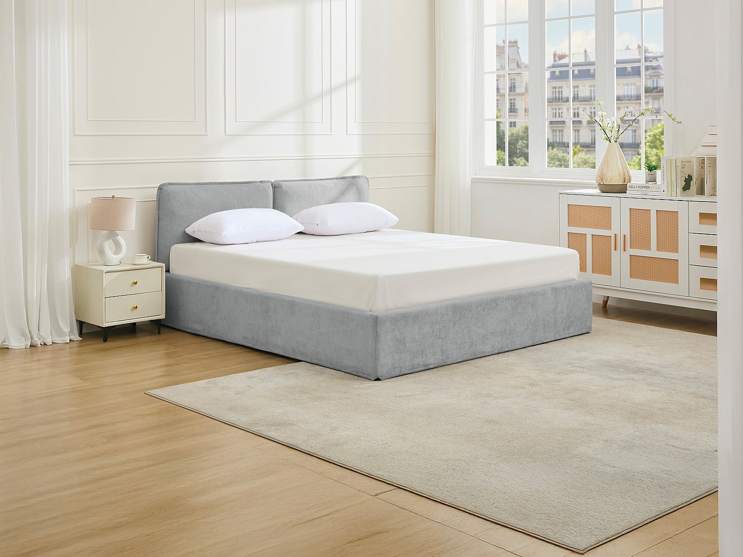 Bett mit Stauraum mit abnehmbarem Bezug – 180 x 200 cm – Stoff – Hellgrau + günstig online kaufen