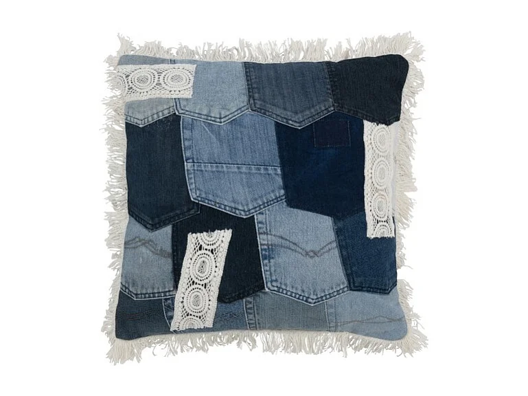 Cojín patchwork de algodón/lino/poliéster azul 45x45x12 cm