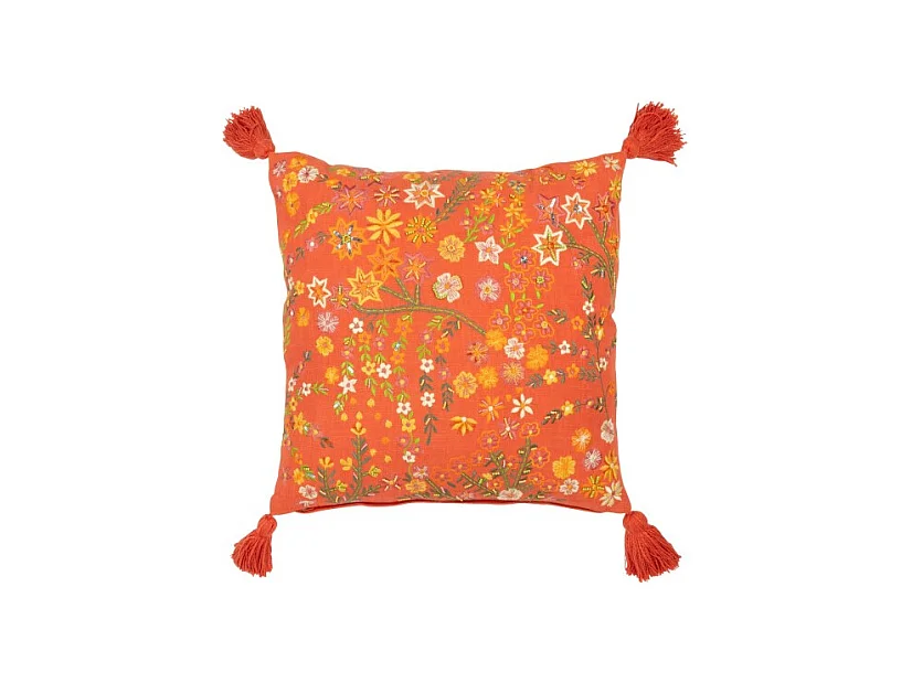 Cojín cuadrado flores+borlas en algodón naranja 45x45x15 cm