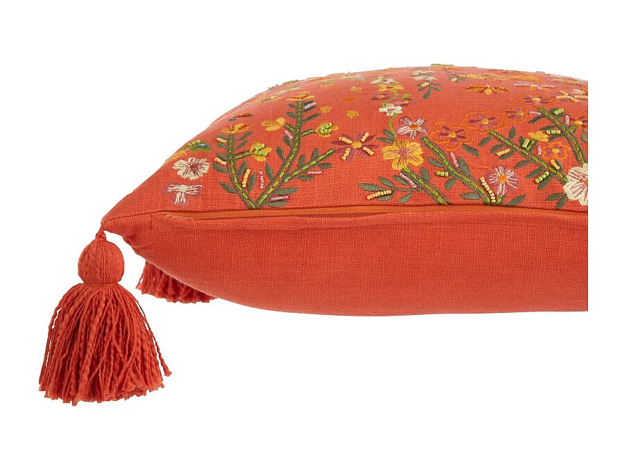 Cojín cuadrado flores+borlas en algodón naranja 45x45x15 cm