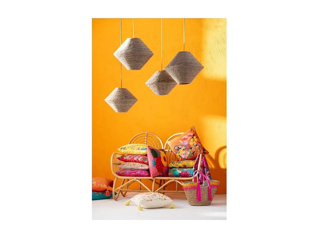 Cojín cuadrado flores+borlas en algodón naranja 45x45x15 cm