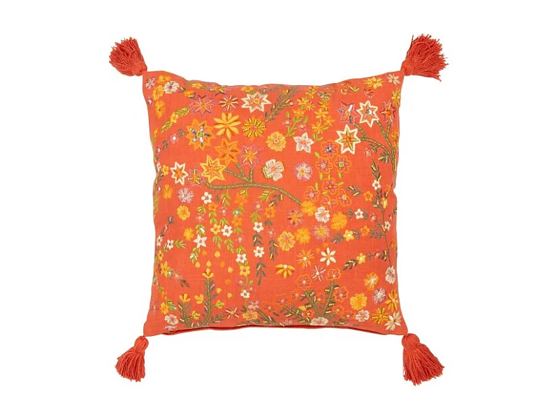 Cojín cuadrado flores+borlas en algodón naranja 45x45x15 cm