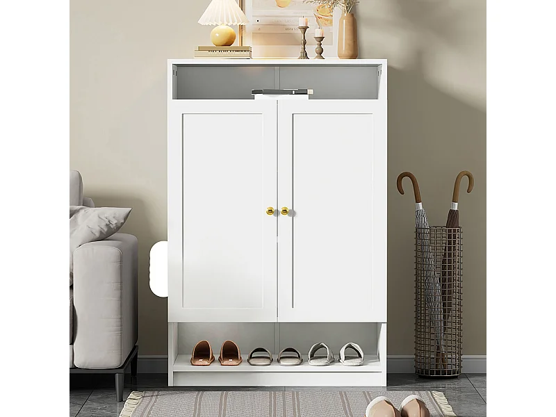 Meuble à chaussures 2 portes blanc étagères réglables poignées dorées