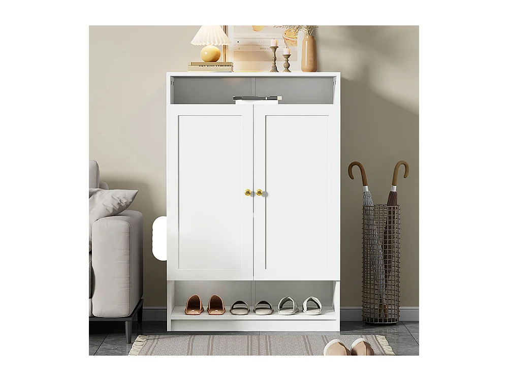 Meuble à chaussures 2 portes blanc étagères réglables poignées dorées