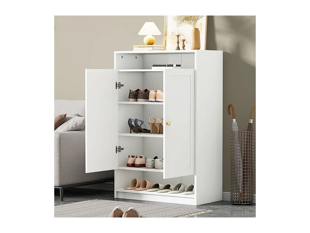 Meuble à chaussures 2 portes blanc étagères réglables poignées dorées