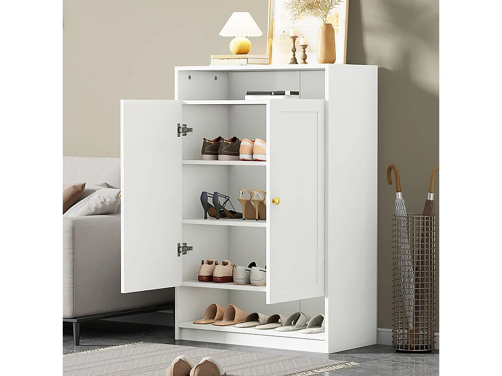 Meuble à chaussures 2 portes blanc étagères réglables poignées dorées