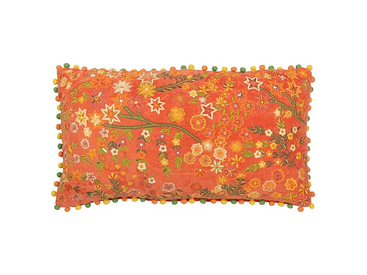 Cojín rectangular flores+pompones en terciopelo naranja 65x35x15 cm